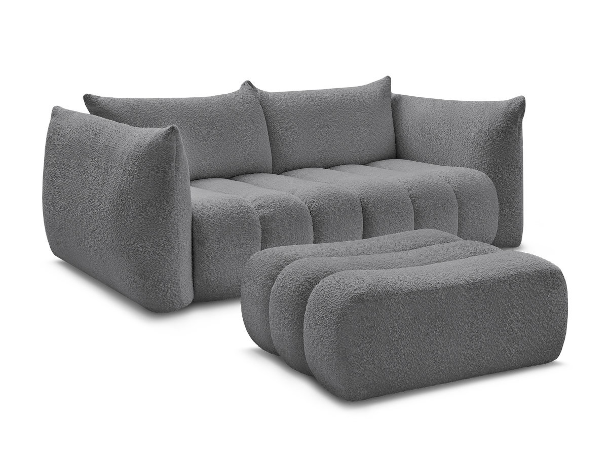 Bobochic Azra Sofa 3-Sitzer mit Pouf Bouclé-Stoff Dunkelgrau
