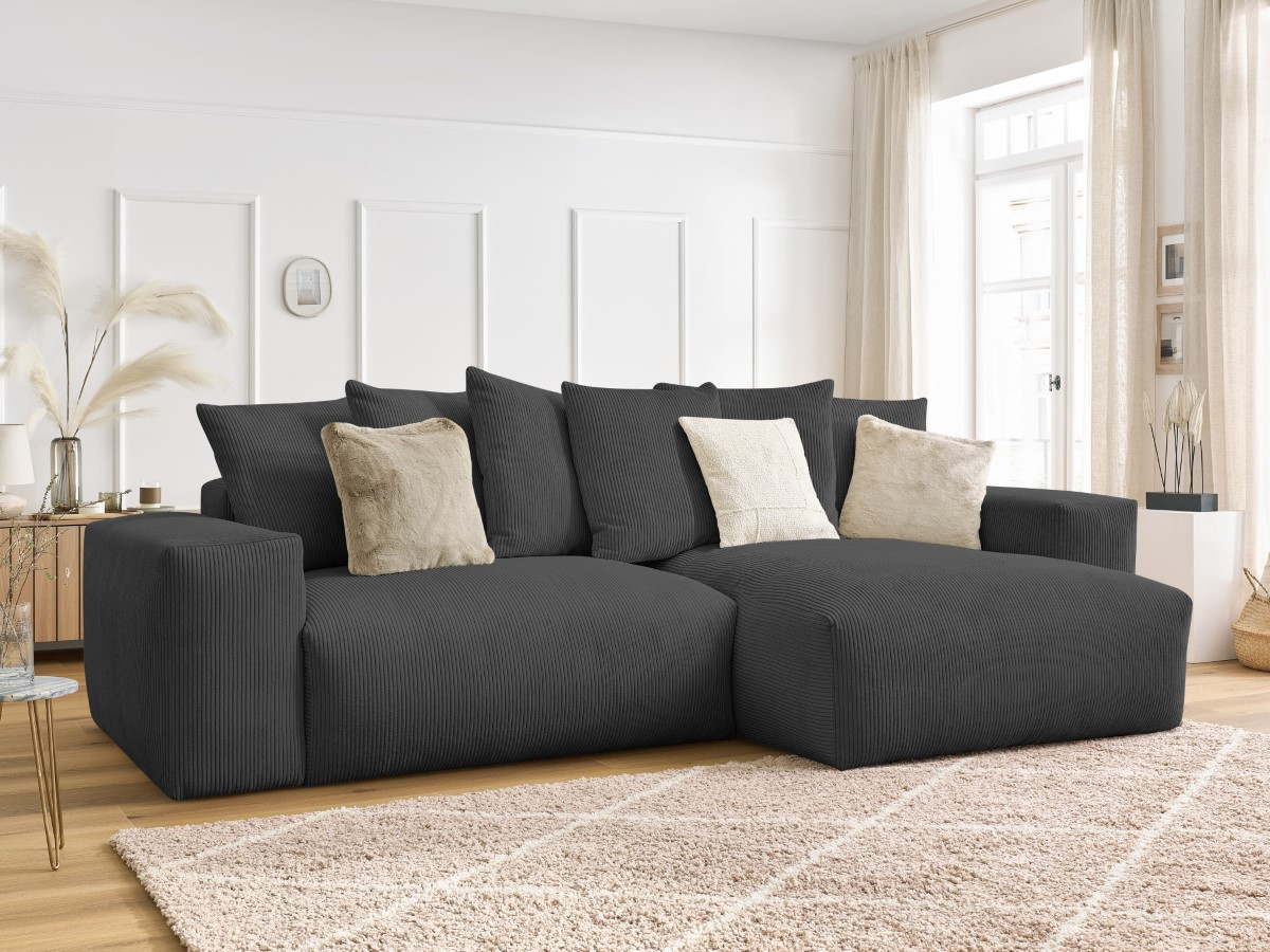 Bobochic Voltaire Ecksofa mit Schlaffunktion und Bettkasten Cordsamt Dunkelgrau