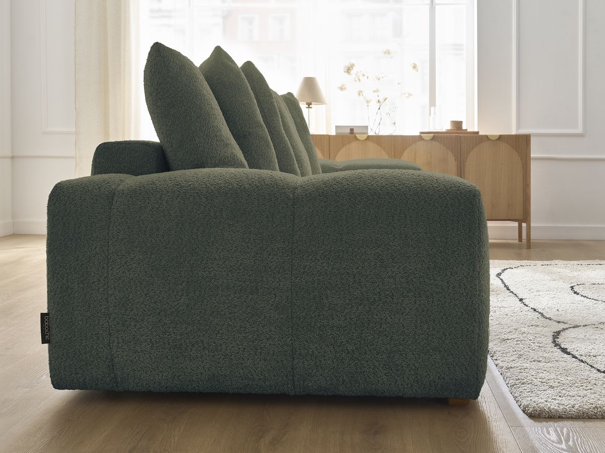 Bobochic Anakin Schlafsofa 3-Sitzer mit Bettkasten, 6 Kissen Bouclé-Stoff Grün