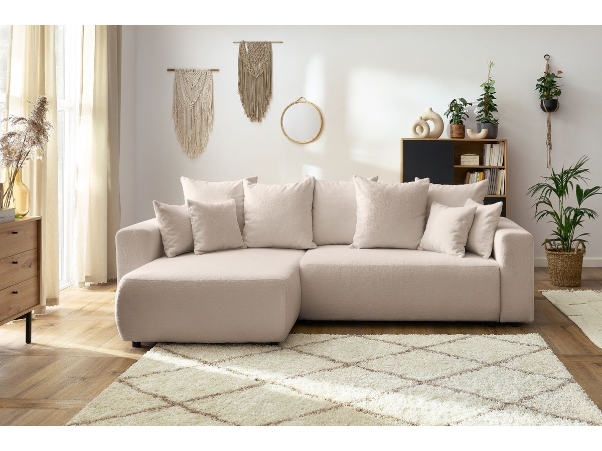 Bobochic Envy Ecksofa mit Schlaffunktion und Bettkasten Bouclé-Stoff Beige