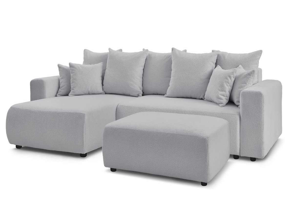 Bobochic Envy Ecksofa mit Schlaffunktion und Bettkasten und rechteckigem Pouf Bouclé-Stoff Hellgrau