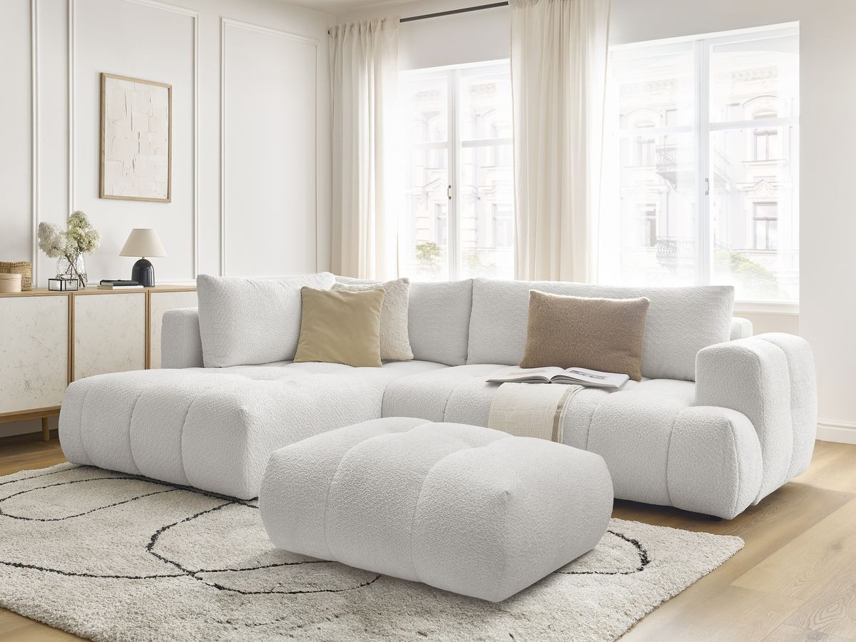 Bobochic Fuji Ecksofa mit Schlaffunktion und Bettkasten und Pouf 282 × 204 cm Bouclé-Stoff Weiß Ecke links