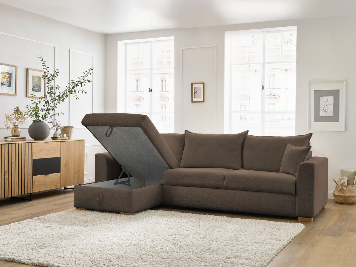 Bobochic Augustin Ecksofa mit Schlaffunktion und Bettkasten Bouclé-Stoff Braun, Liegefläche 140 × 200 cm