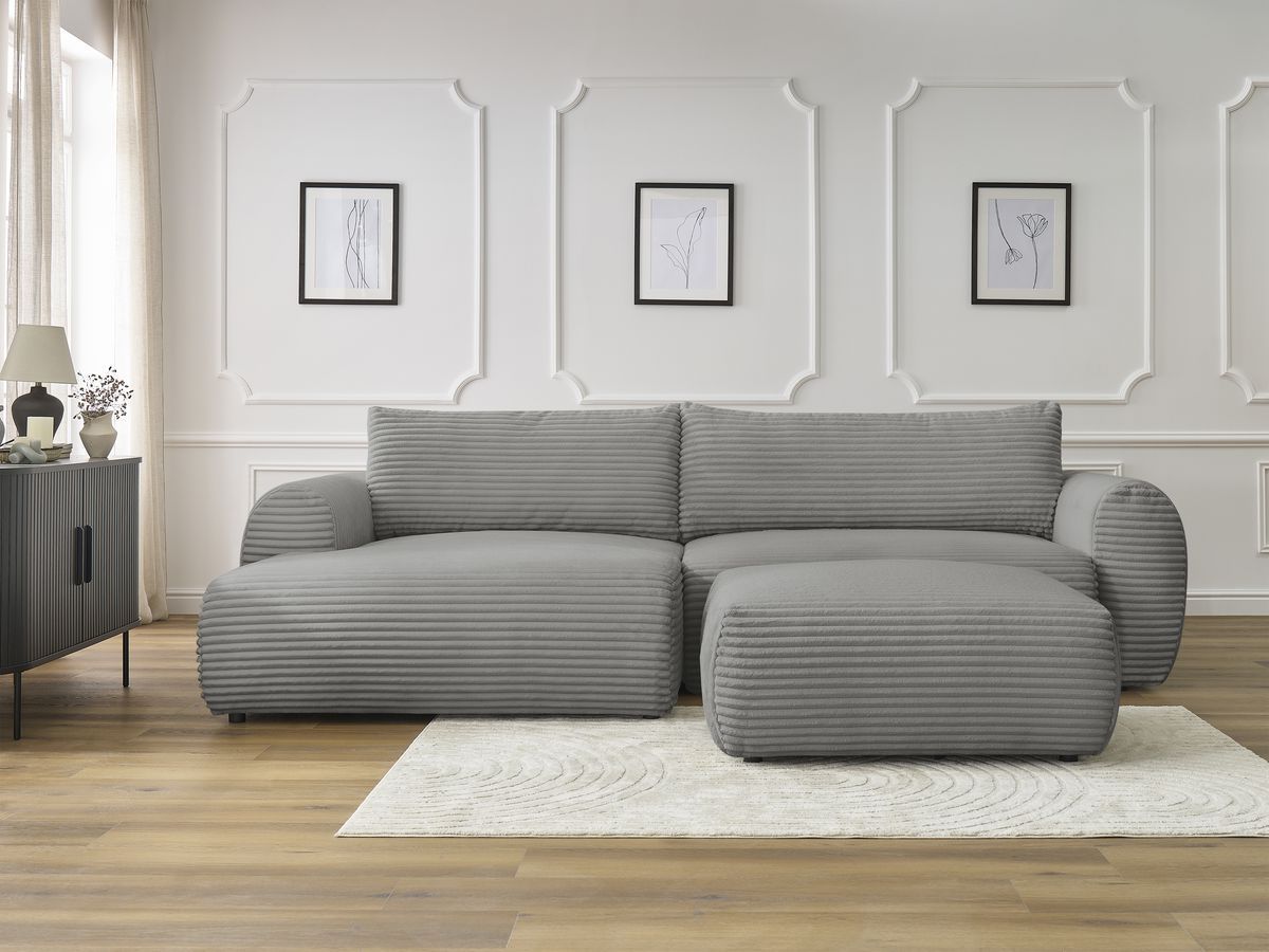 Bobochic Lucien Ecksofa mit Schlaffunktion und Bettkasten und Pouf 314 × 167 cm Breitcord weich Dunkelgrau Ecke links
