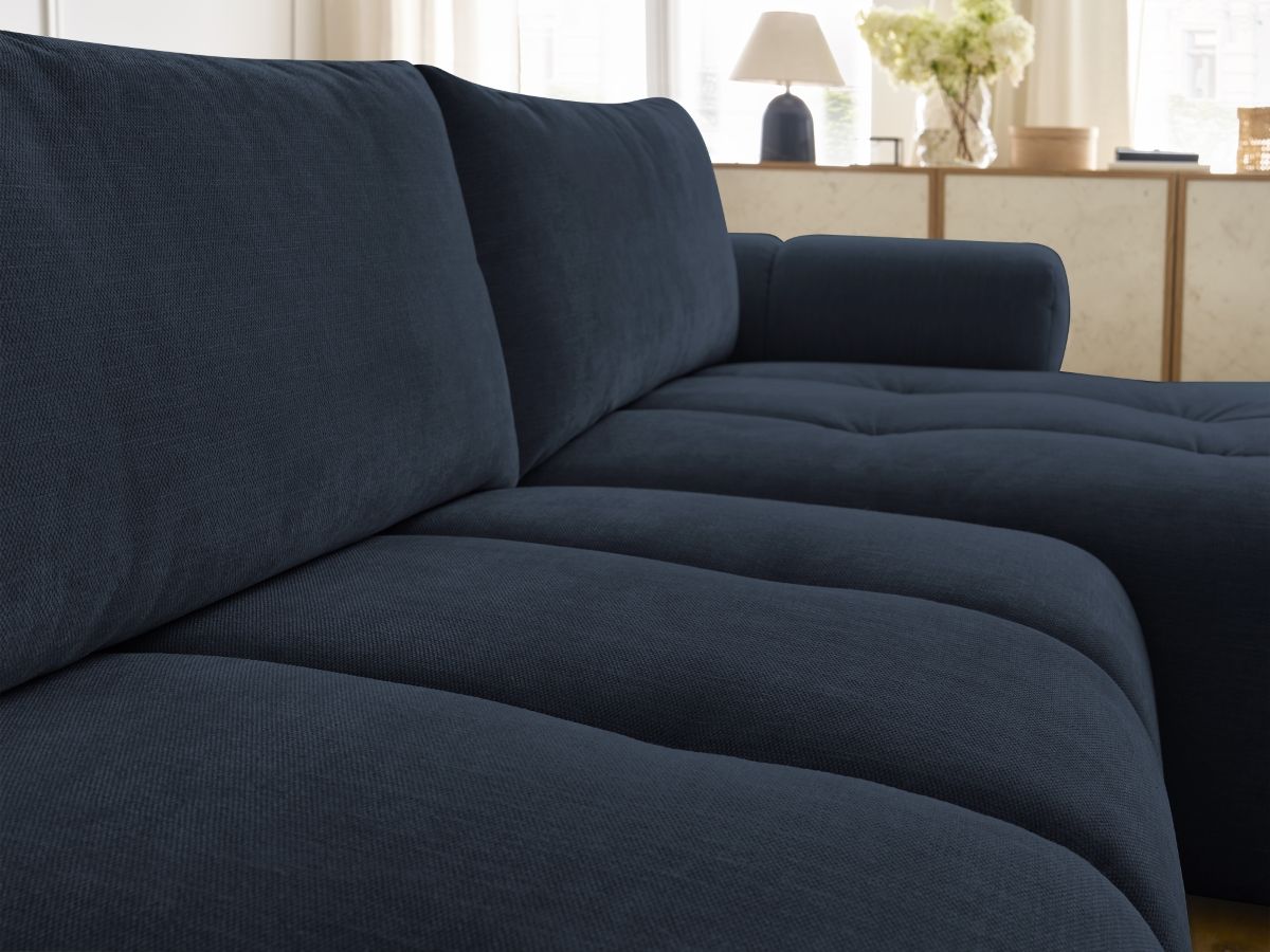 Bobochic Fuji Ecksofa mit Schlaffunktion und Bettkasten und Pouf 292 × 160 cm Stoff Dunkelblau Ecke rechts