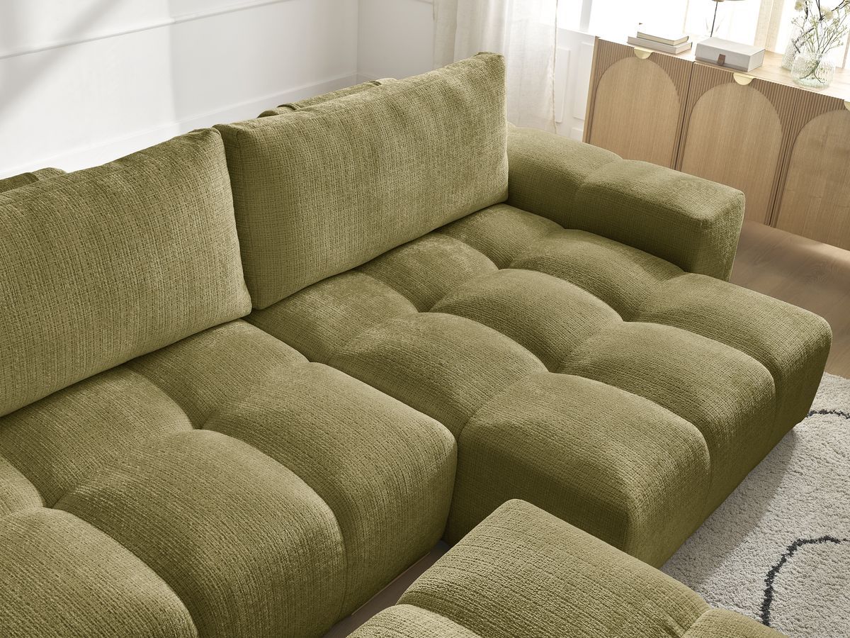 Bobochic Anakin Ecksofa mit Schlaffunktion und Bettkasten und Pouf, 2 Kissen Strukturstoff Grün