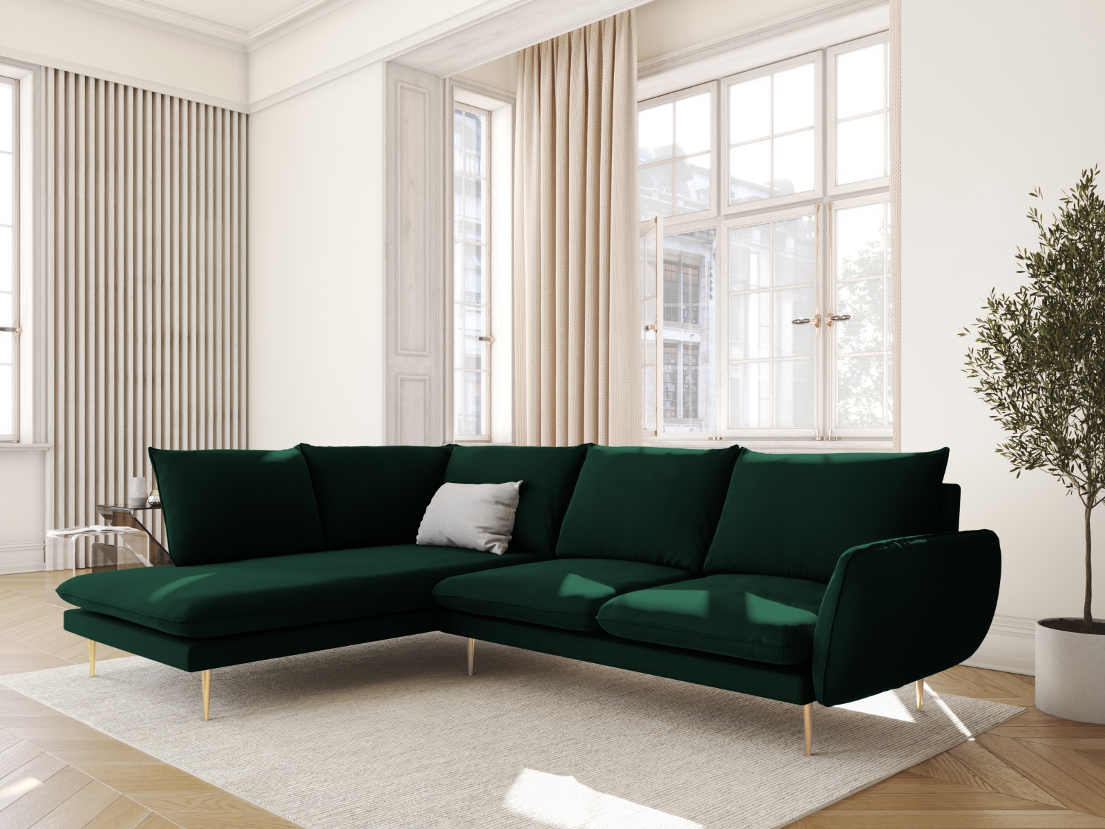 Cosmopolitan Design Ecksofa Vienna 6-Sitzer Samt Bluvel Flaschengrün Links Beine Gold