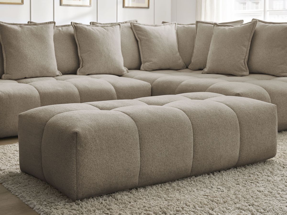Bobochic Everest Ecksofa mit Schlaffunktion und Bettkasten und Pouf 320 × 212 cm, 10 Kissen Melange-Stoff Taupe Ecke rechts