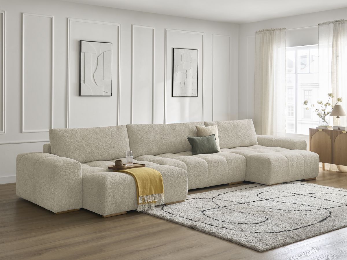 Bobochic Anakin Wohnlandschaft, Liegefläche 137 × 382 cm, 3 Kissen Bouclé-Stoff Beige