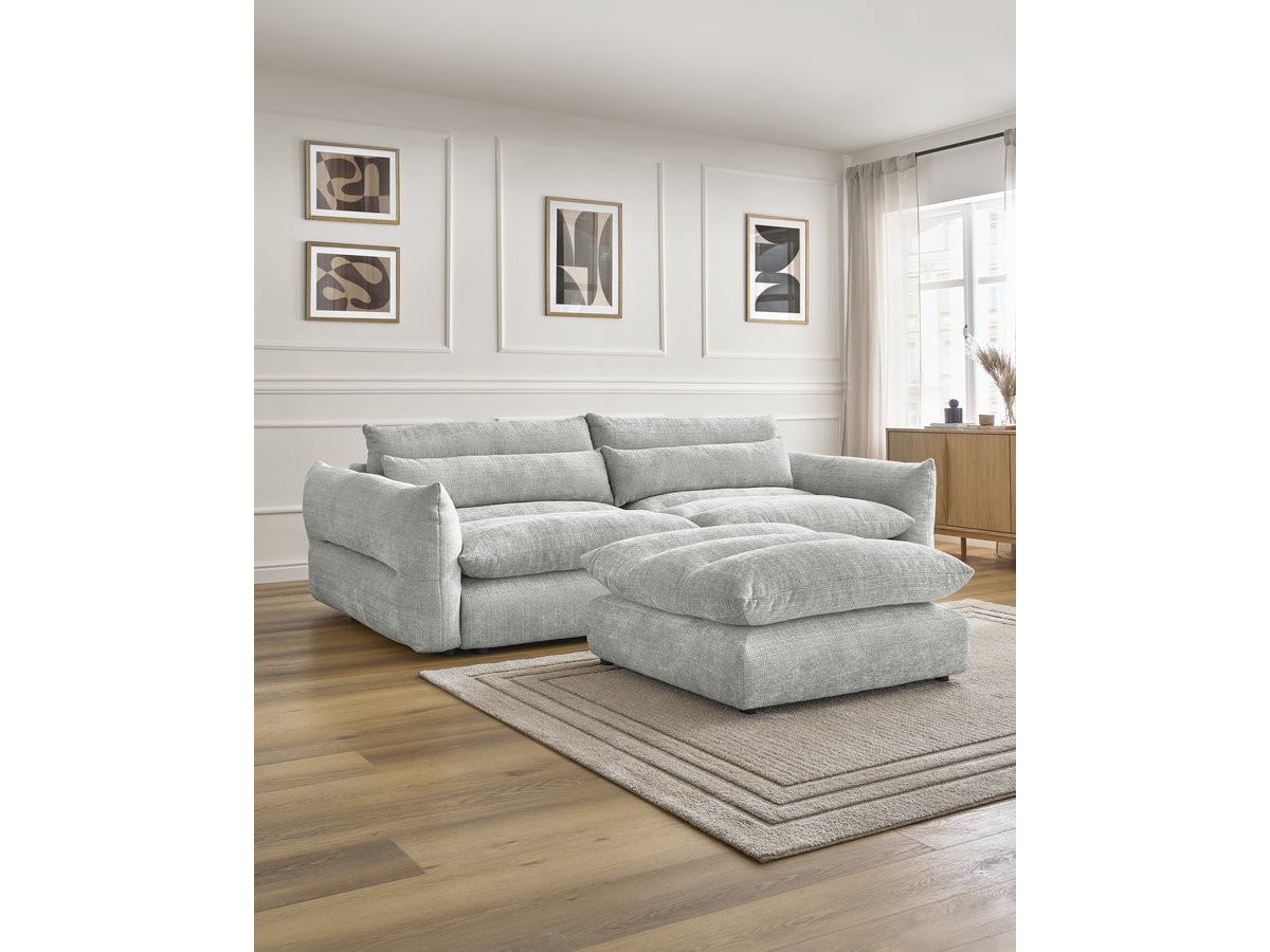 Bobochic Neil Sofa 3-Sitzer mit Pouf Strukturstoff Hellgrau