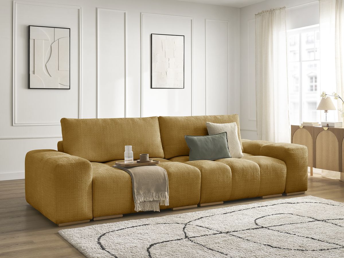 Bobochic Anakin Schlafsofa 3-Sitzer mit Bettkasten, 2 Kissen Strukturstoff Gelb