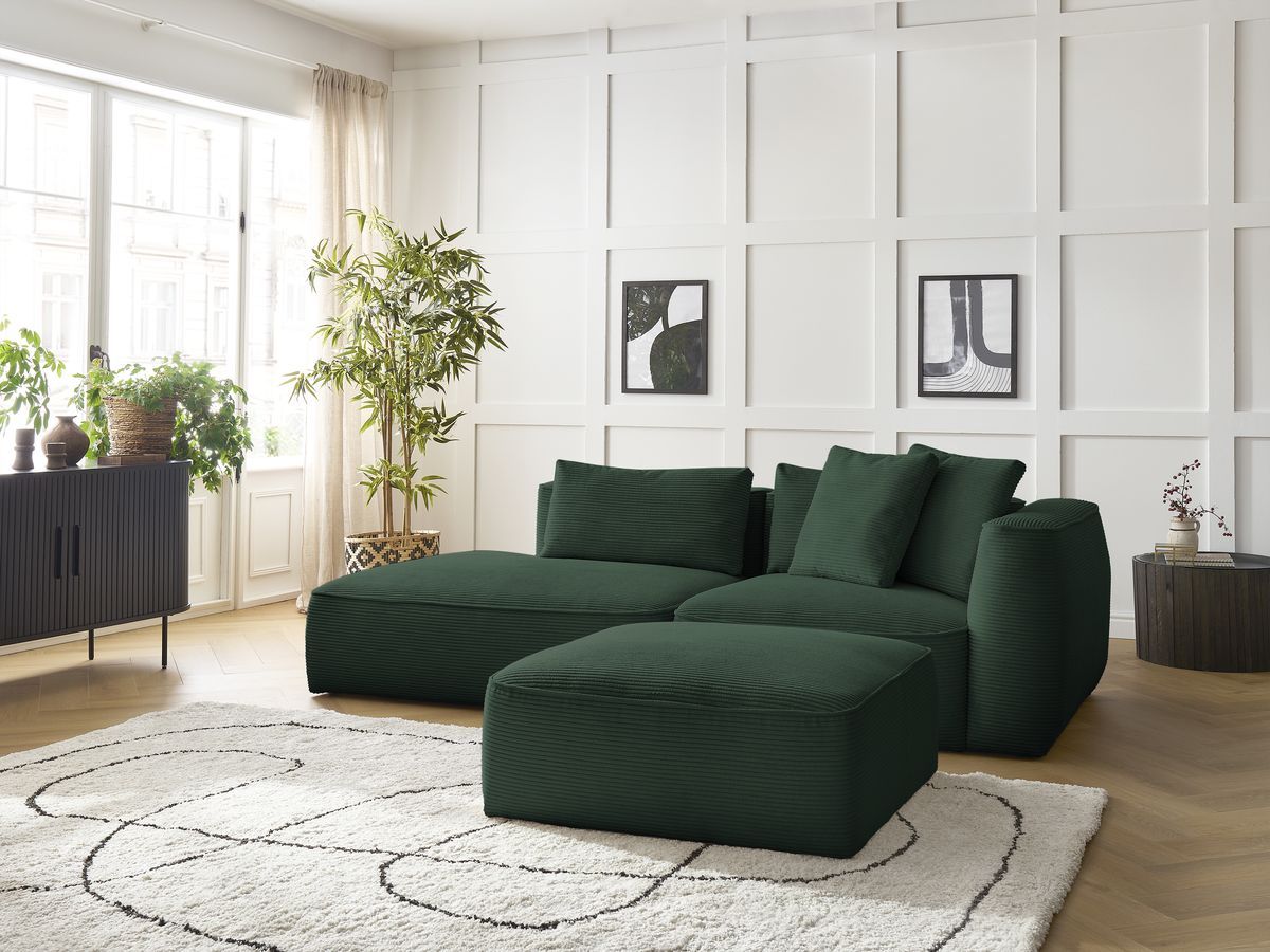 Bobochic Leopold Sofa 4-Sitzer mit Pouf Cordsamt Dunkelgrün Armlehne rechts