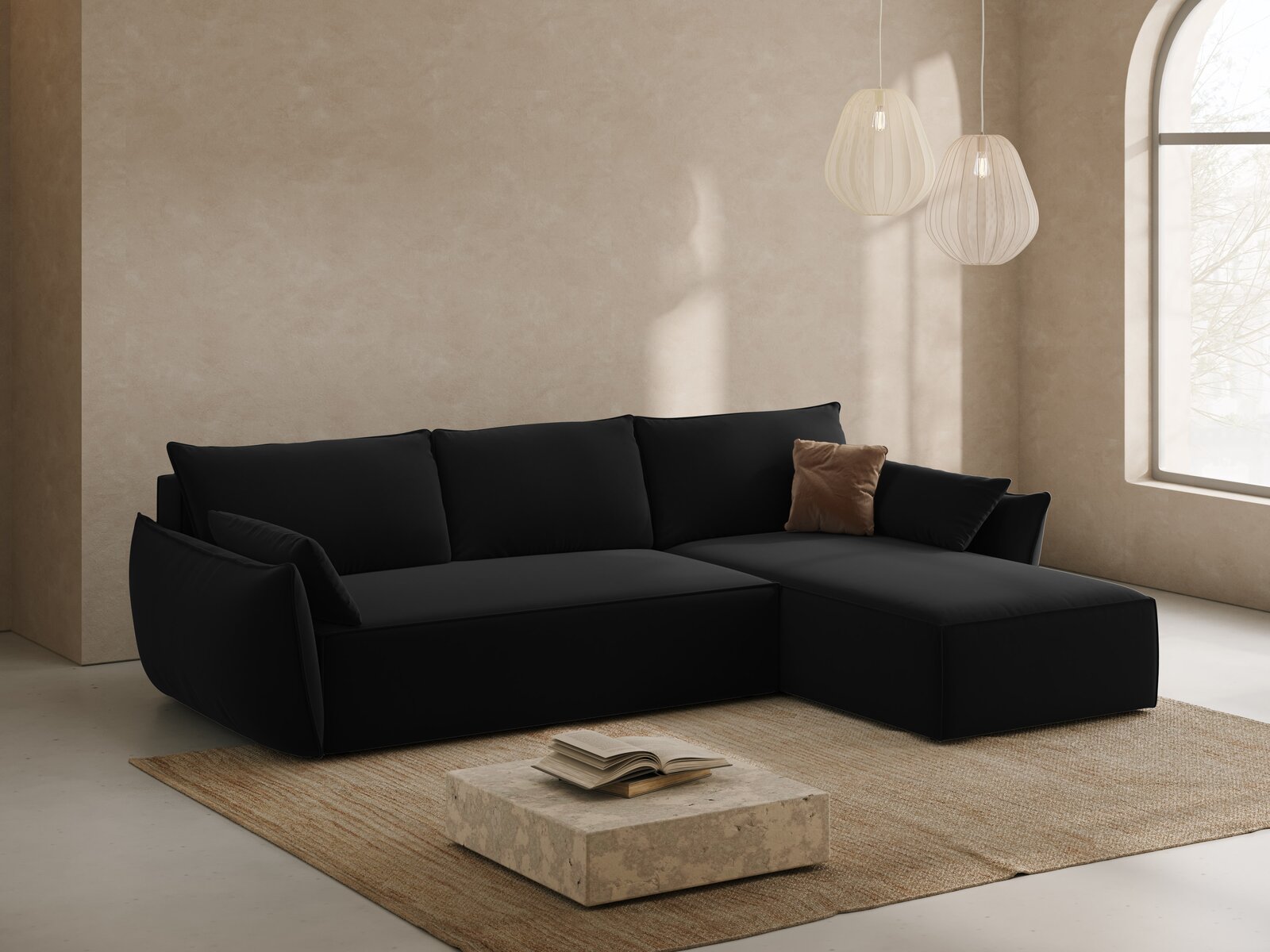 Micadoni Kaelle Ecksofa mit Bettfunktion und Stauraum Rechts Samt Bluvel Schwarz