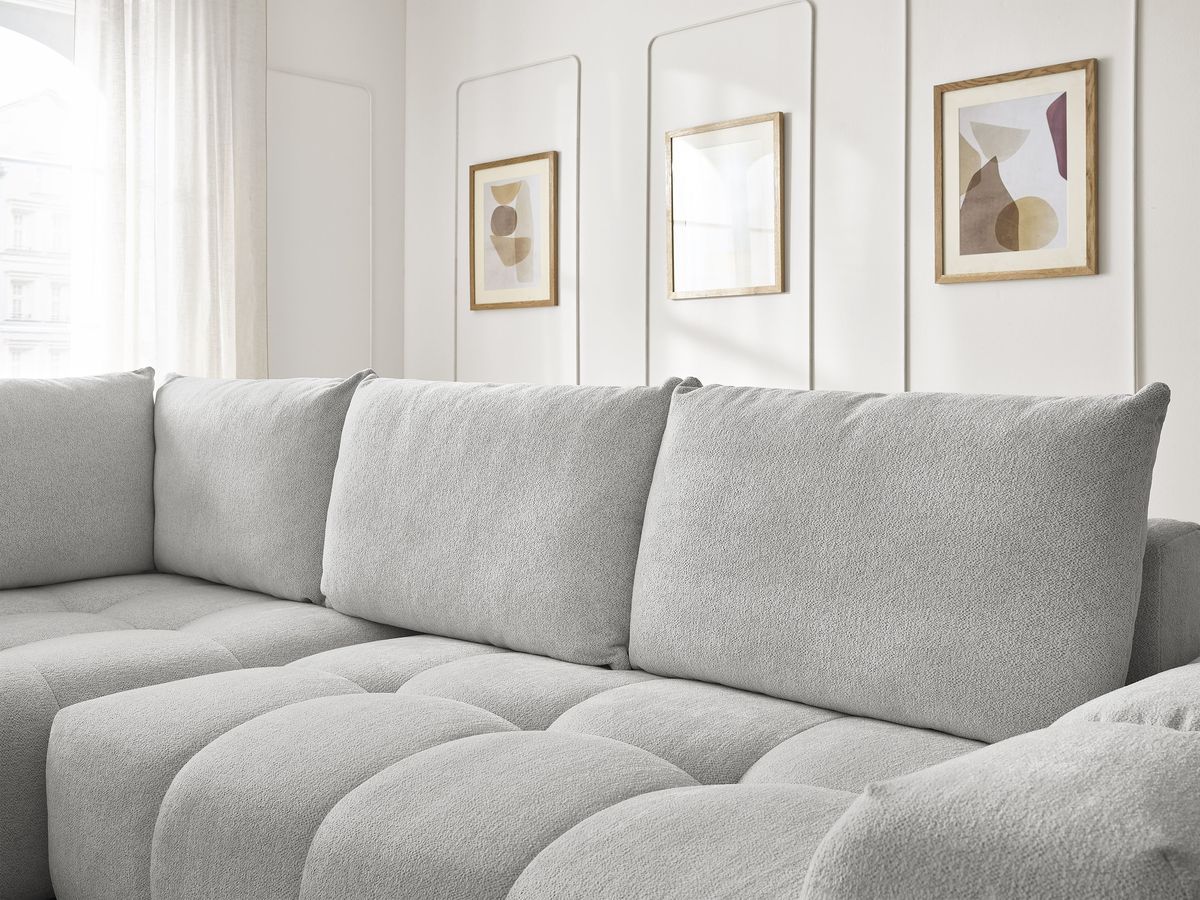 Bobochic Everest Ecksofa mit Schlaffunktion und Bettkasten 320 × 212 cm, 5 Kissen Melange-Stoff Hellgrau Ecke links