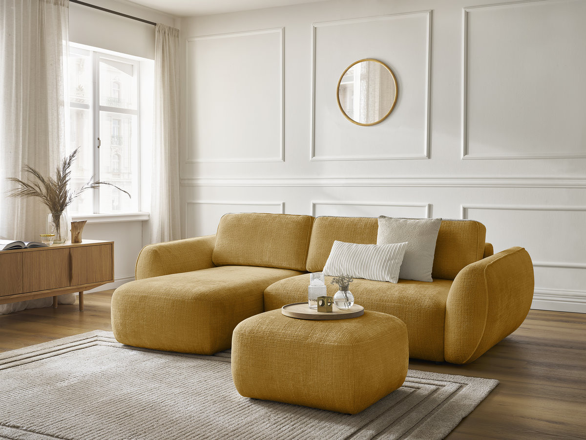 Bobochic Denise Ecksofa mit Schlaffunktion und Bettkasten und Pouf 258 × 160 cm Strukturstoff Gelb Ecke links