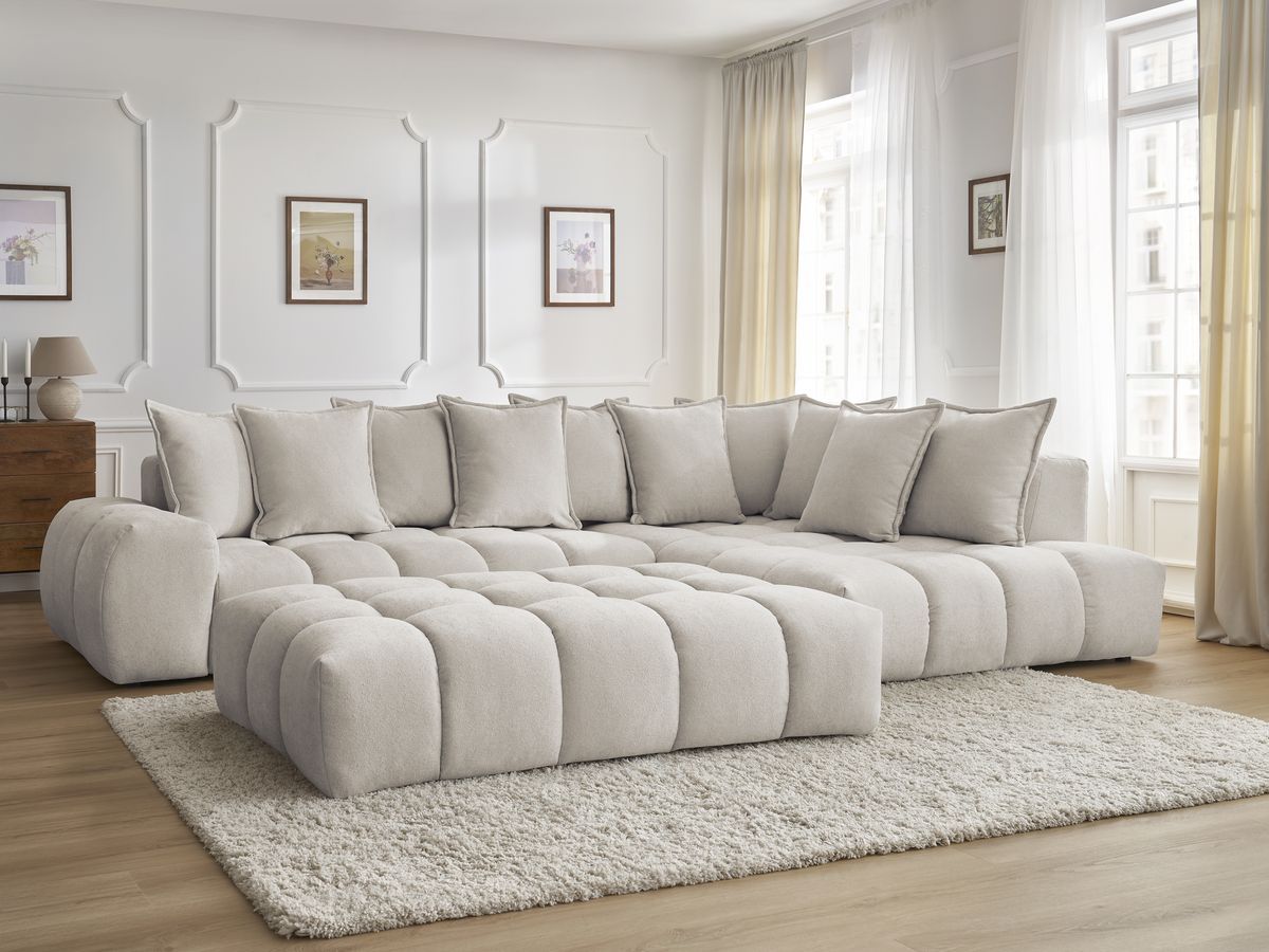 Bobochic Everest Ecksofa mit Schlaffunktion und Pouf, 10 Kissen Strukturstoff Beige Ecke rechts