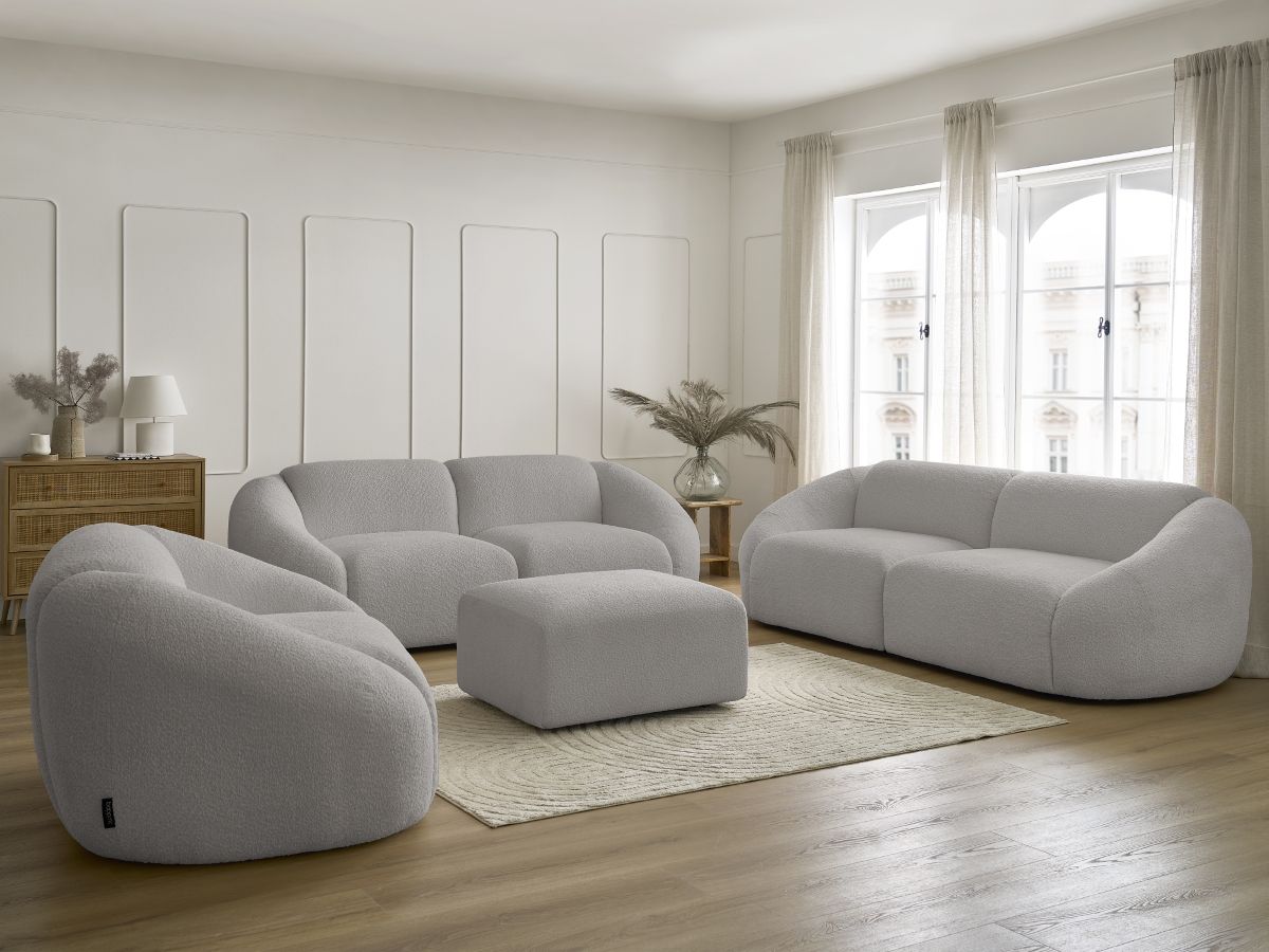 Bobochic Tina Sofa 7-Sitzer mit Pouf Bouclé-Stoff Hellgrau