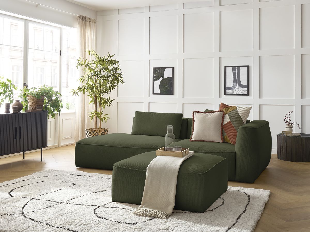 Bobochic Leopold Sofa 4-Sitzer mit Pouf Melange-Stoff Dunkelgrün Armlehne rechts