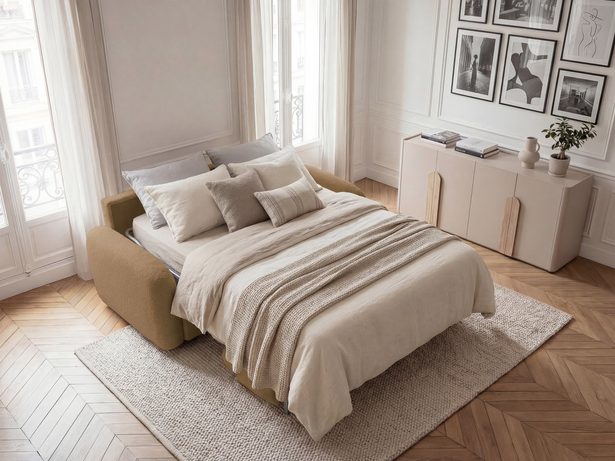 Bobochic Kenan Schlafsofa 3-Sitzer Bouclé-Stoff Gelb, Liegefläche 160 × 196 cm
