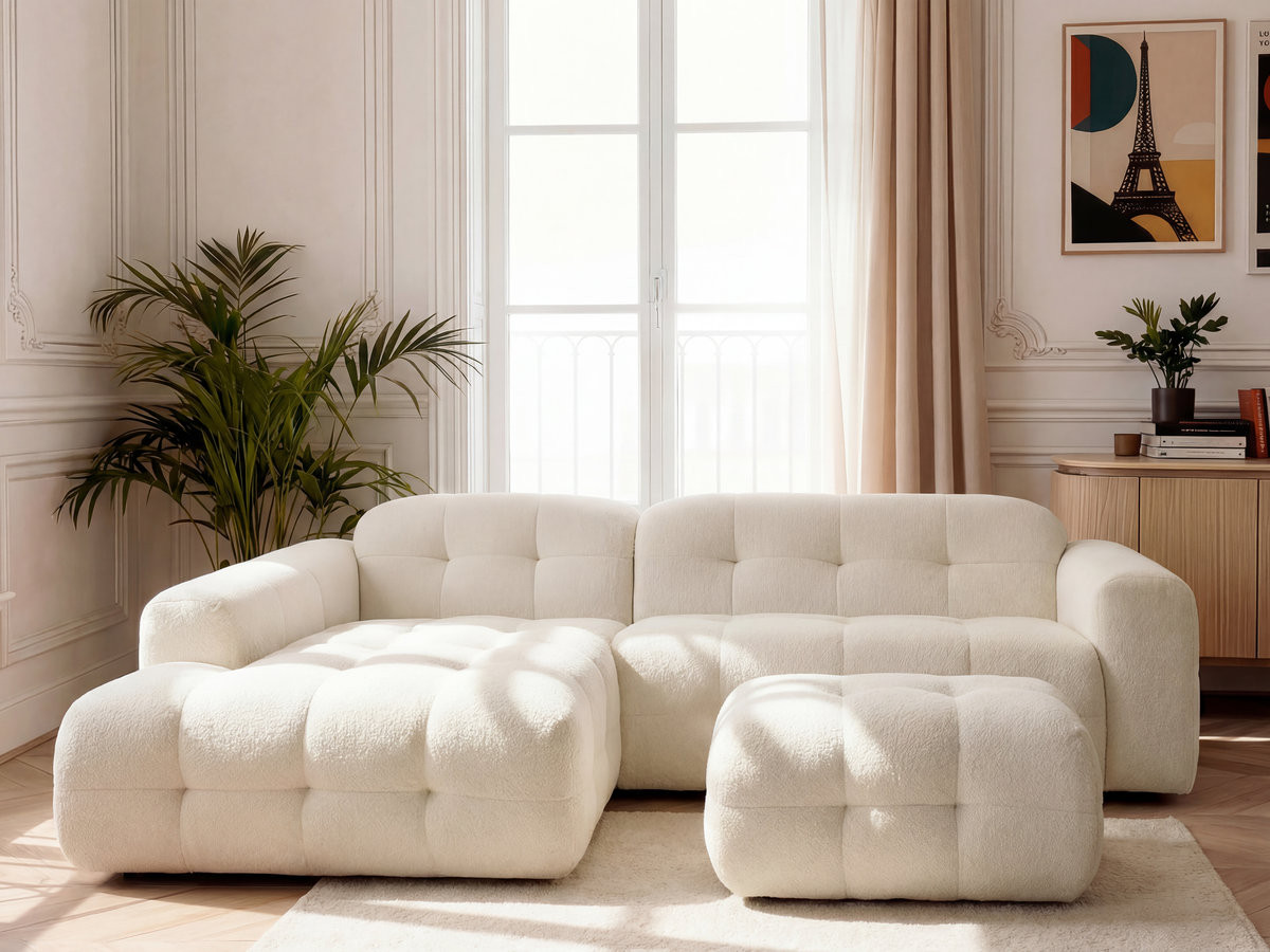 Bobochic Laura Ecksofa mit kleinem Pouf Melange-Stoff Beige Ecke links
