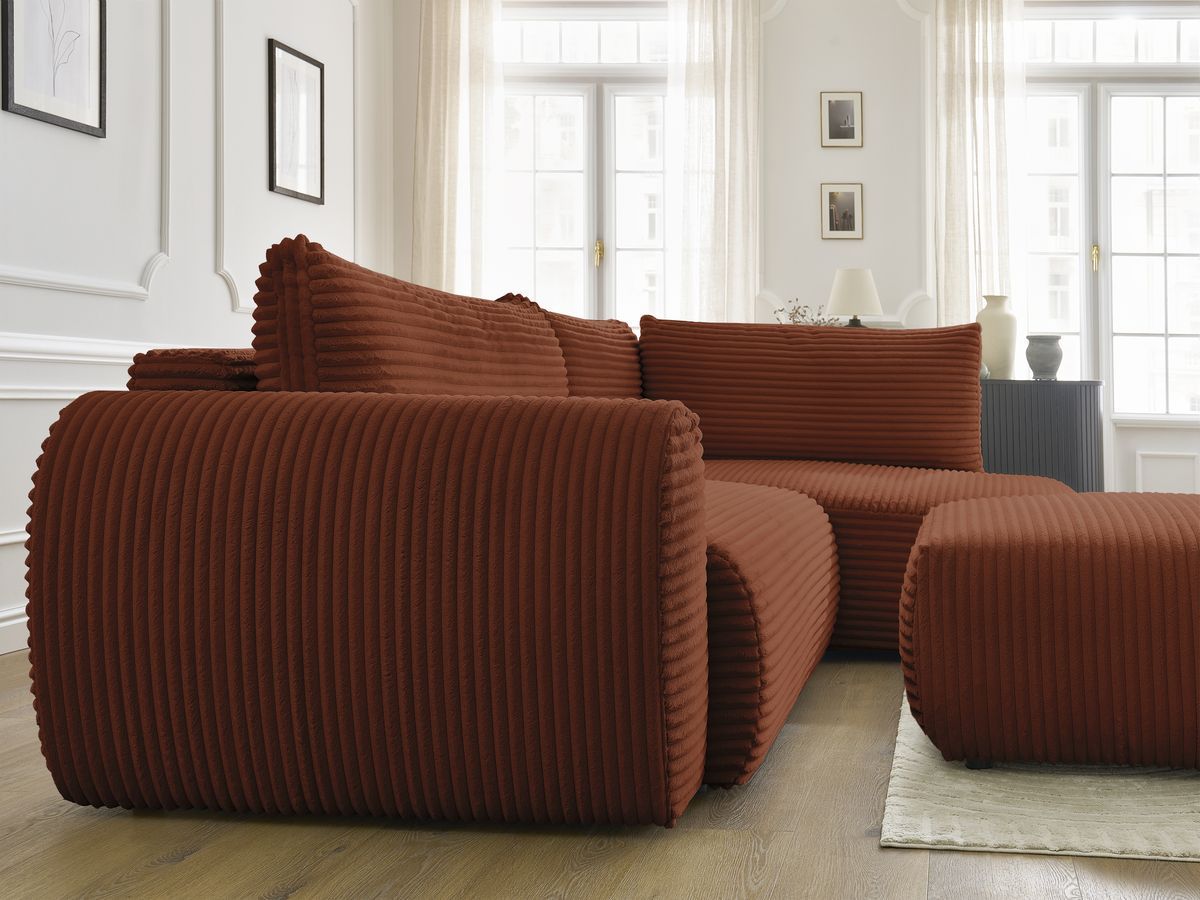 Bobochic Lucien Ecksofa mit Schlaffunktion und Bettkasten und Pouf 296 × 198 cm Breitcord weich Orange Ecke rechts