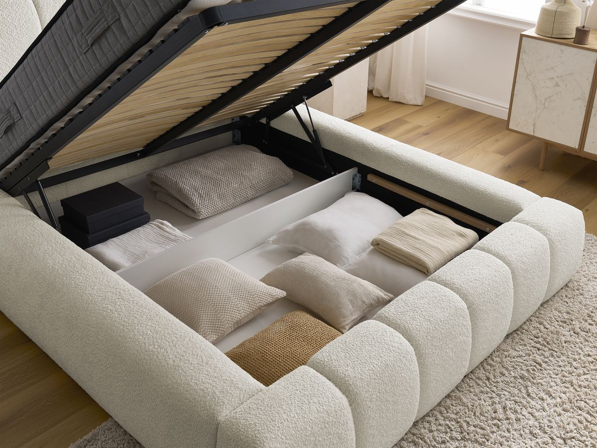 Bobochic Denali Polsterbett mit Bettkasten Bouclé-Stoff Weiß, Liegefläche 140 × 190 cm