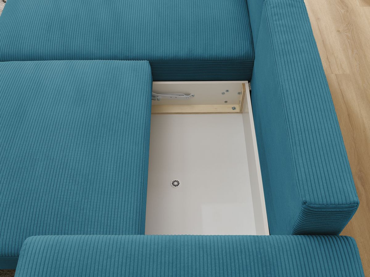 Bobochic Atilla Ecksofa mit Schlaffunktion und Bettkasten und Pouf Cordsamt Hellblau Ecke links