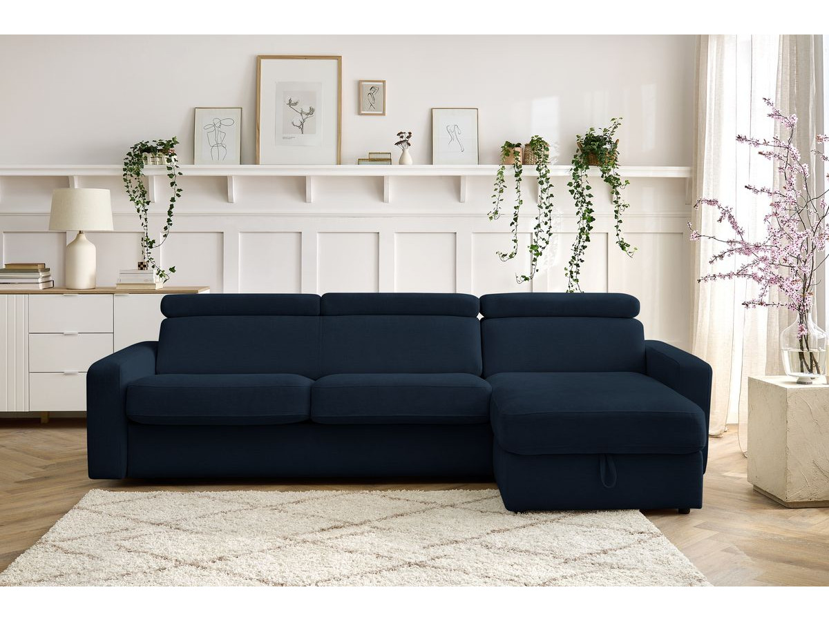 Bobochic Monaco Ecksofa mit Schlaffunktion und Bettkasten Stoff Dunkelblau, Liegefläche 160 × 190 cm