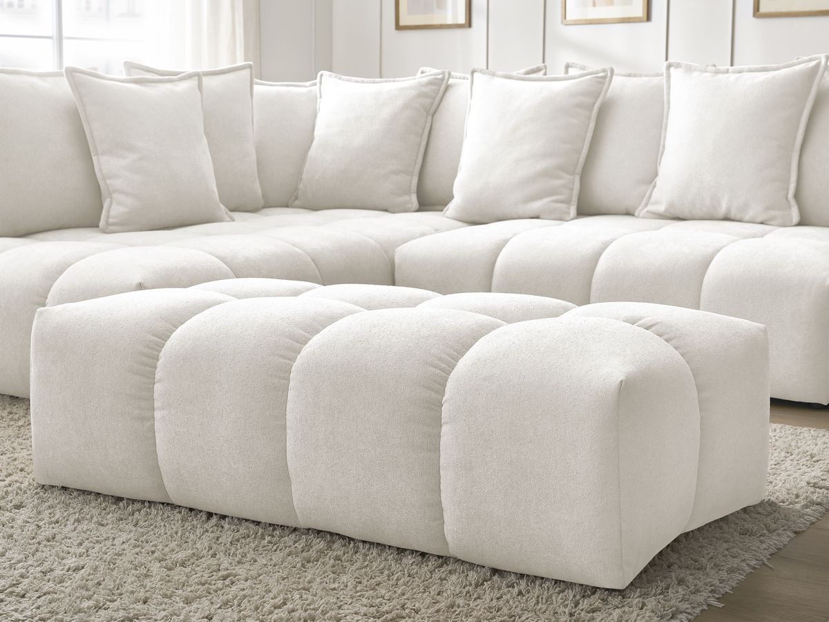 Bobochic Everest Ecksofa mit Schlaffunktion und Bettkasten und Pouf 320 × 212 cm, 10 Kissen Strukturstoff Weiß Ecke links