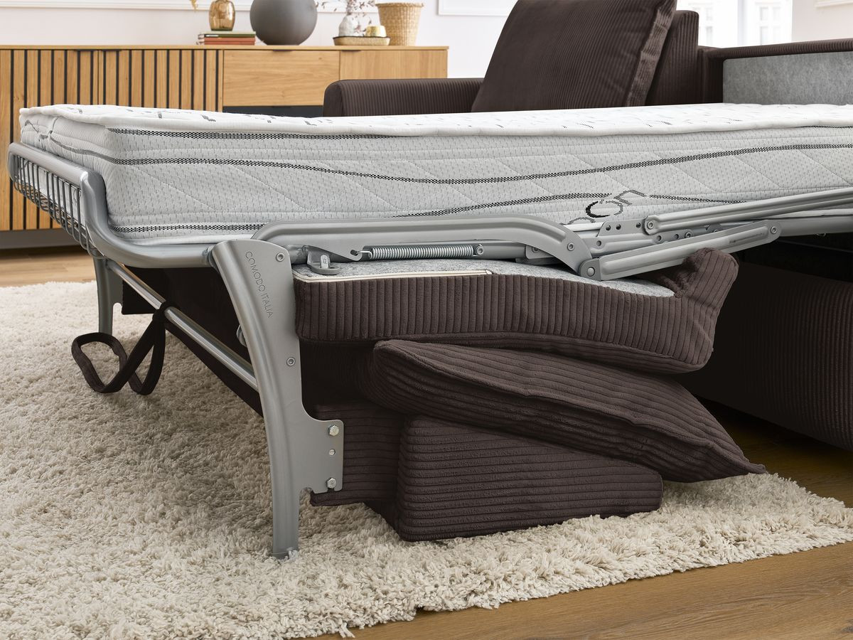 Bobochic Augustin Ecksofa mit Schlaffunktion und Bettkasten Cordsamt Braun, Liegefläche 160 × 200 cm
