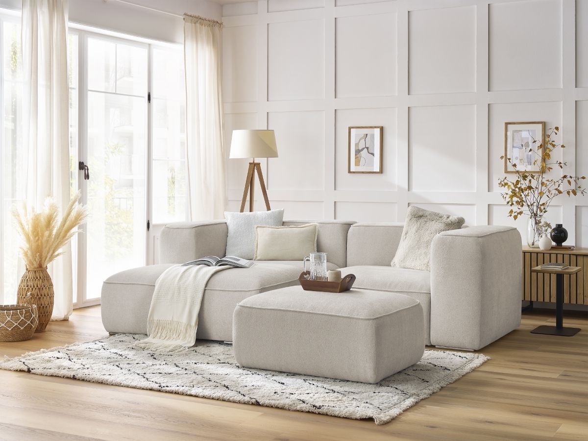 Bobochic Zephyr Ecksofa mit Pouf 260 × 165 cm Strukturstoff Beige Ecke links