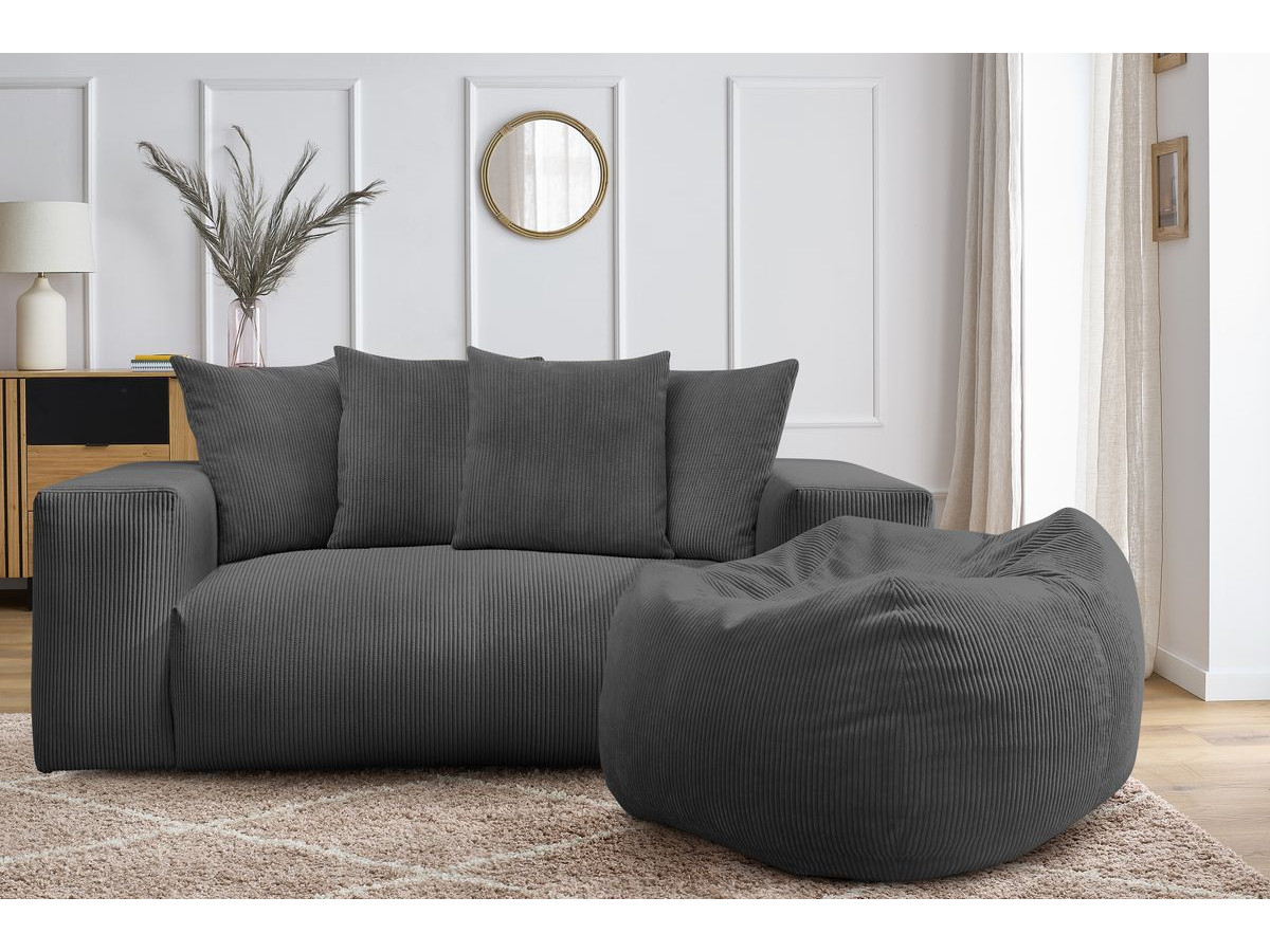 Bobochic Voltaire Sofa 2-Sitzer mit Pouf Cordsamt Dunkelgrau