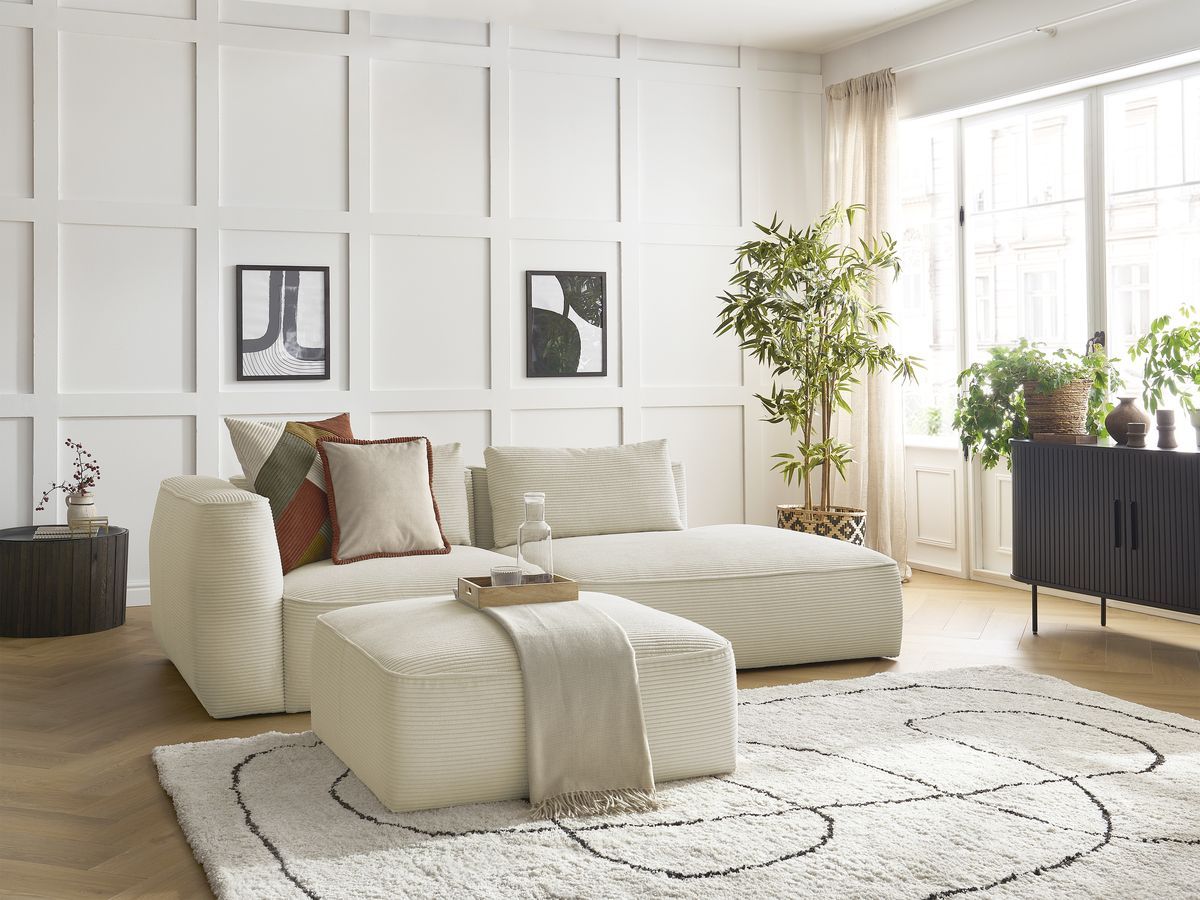 Bobochic Leopold Sofa 4-Sitzer mit Pouf Cordsamt Beige Armlehne links