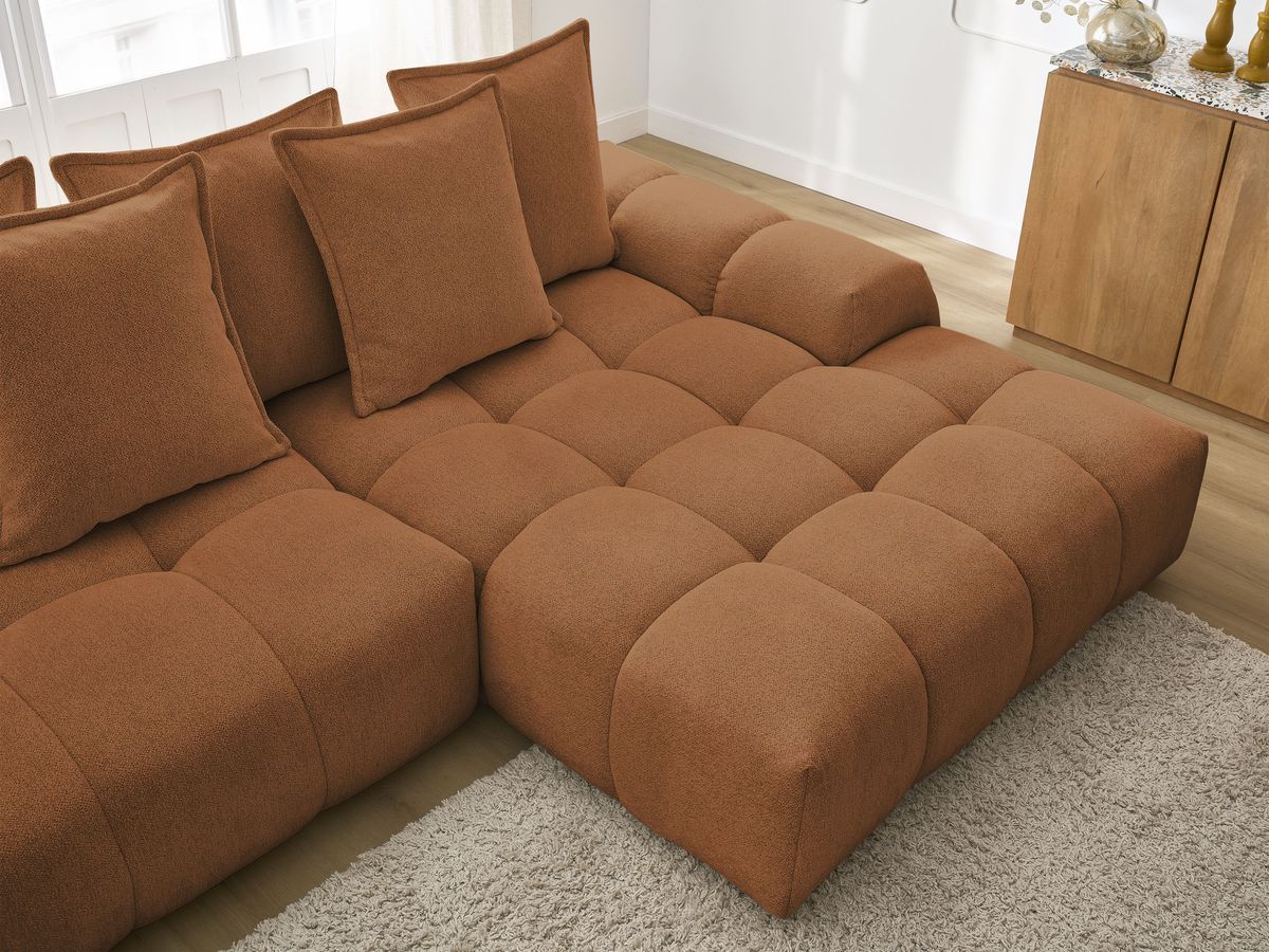 Bobochic Everest Ecksofa mit Schlaffunktion und Bettkasten 318 × 180 cm, 7 Kissen Melange-Stoff Orange Ecke rechts