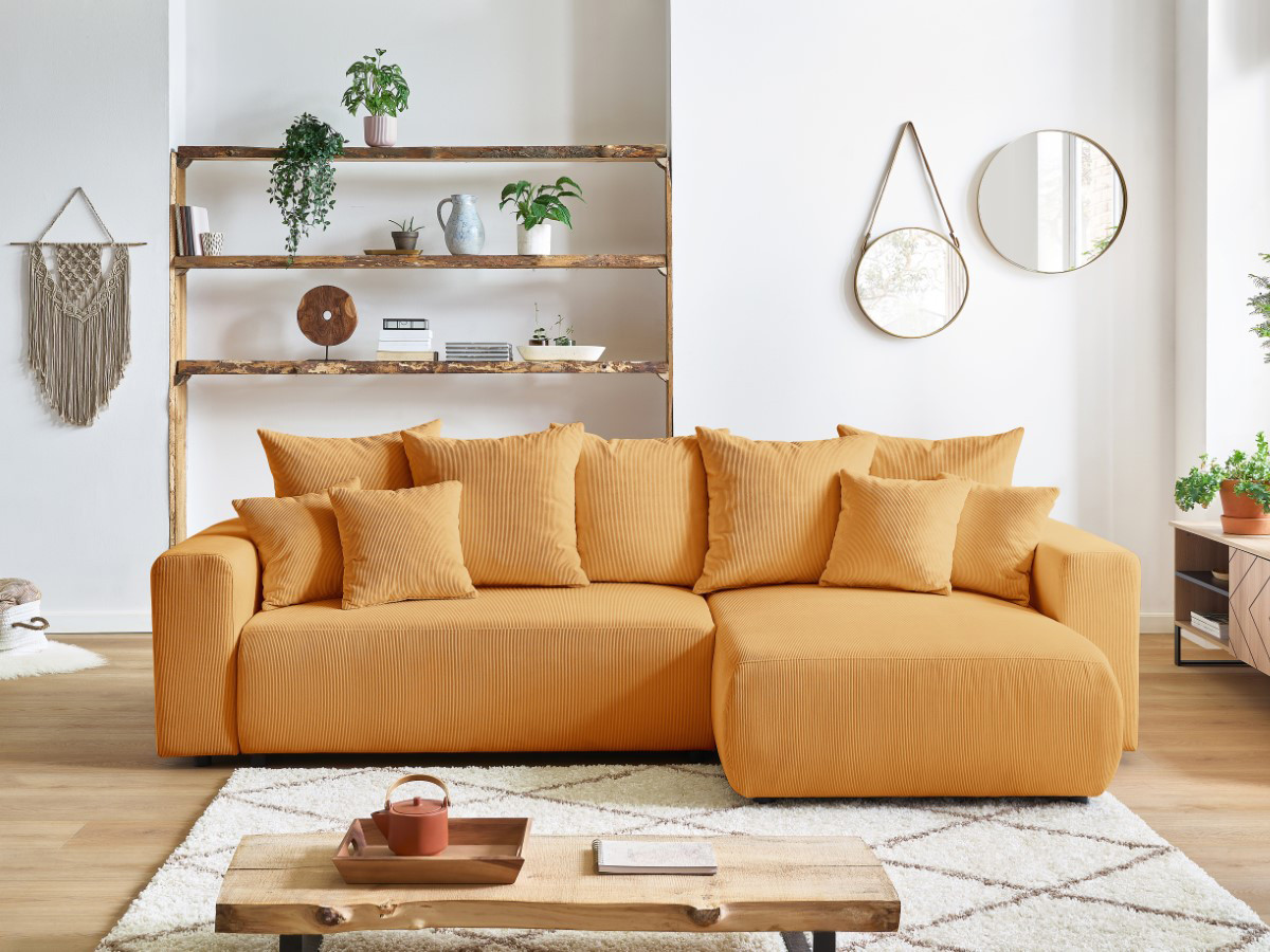 Bobochic Envy Ecksofa mit Schlaffunktion und Bettkasten Cordsamt Gelb