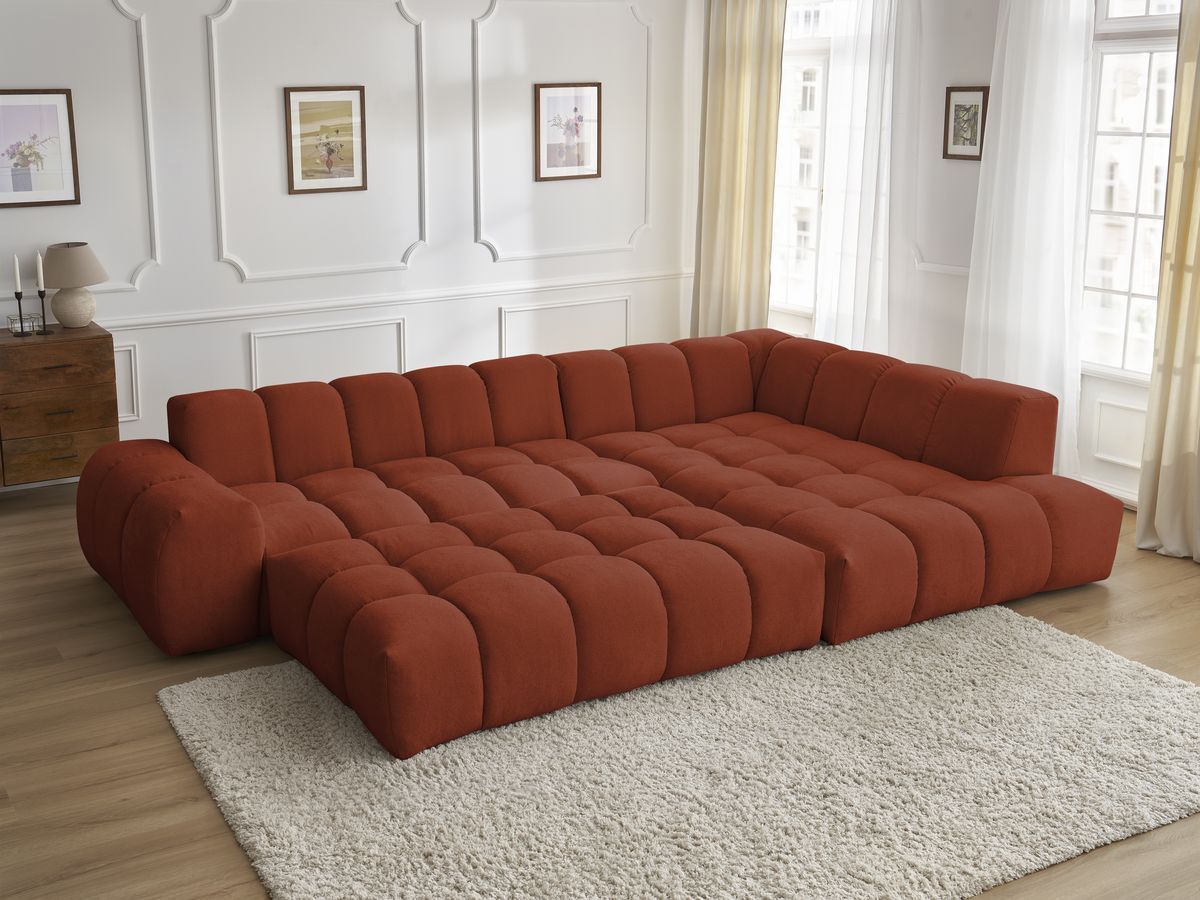 Bobochic Everest Ecksofa mit Schlaffunktion und Pouf, 10 Kissen Strukturstoff Orange Ecke rechts