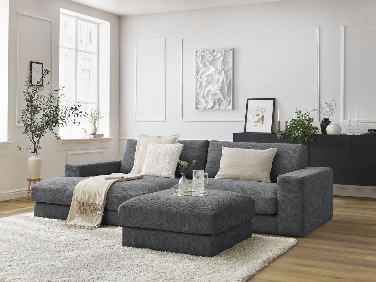 Bobochic Leonard Ecksofa mit Pouf 274 × 159 cm Strukturstoff Dunkelgrau Ecke links