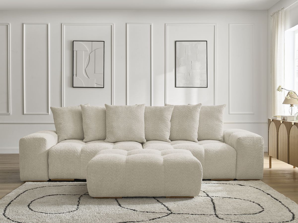 Bobochic Anakin Sofa 3-Sitzer mit Pouf, 6 Kissen Bouclé-Stoff Beige