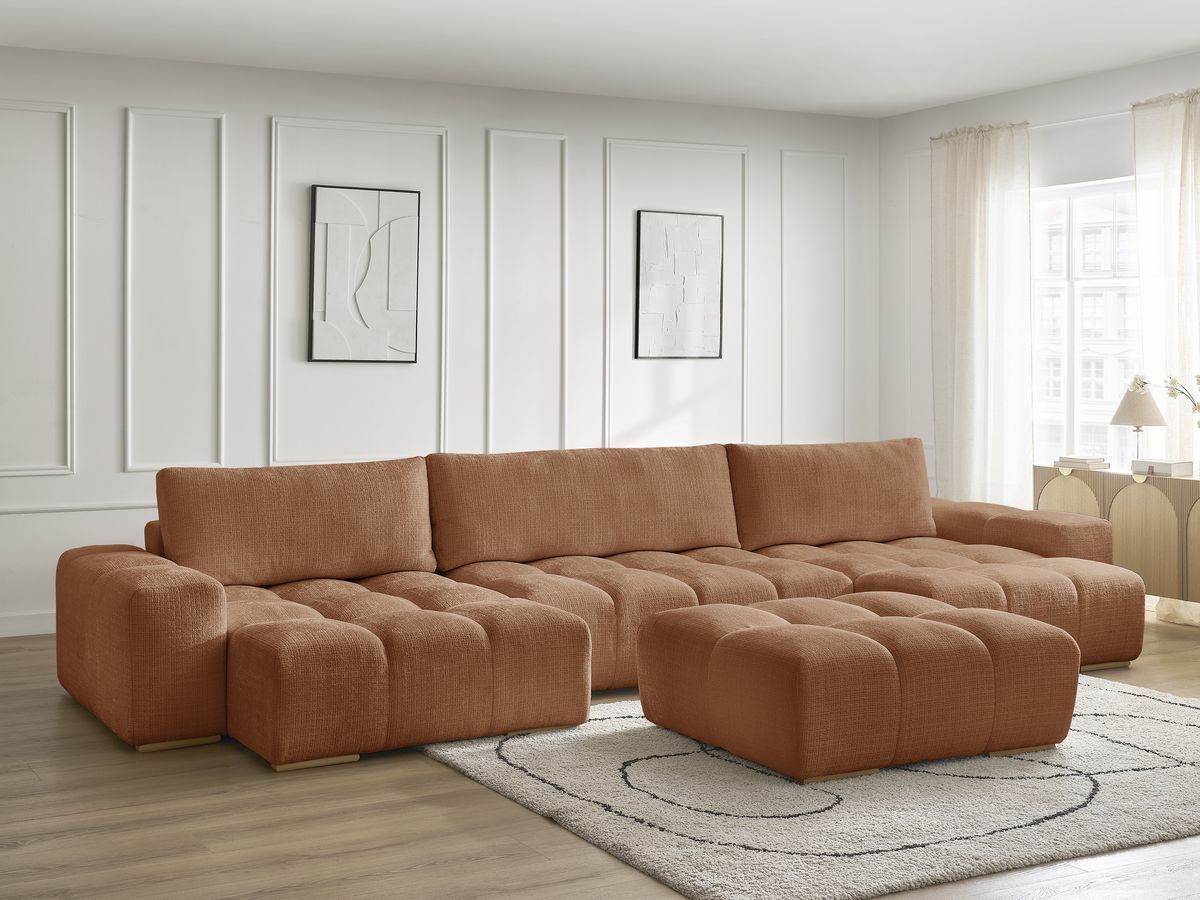 Bobochic Anakin Wohnlandschaft mit Pouf, 3 Kissen Strukturstoff Orange