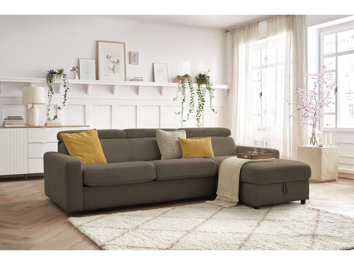 Bobochic Monaco Ecksofa mit Schlaffunktion und Bettkasten Stoff Braun, Liegefläche 160 × 190 cm