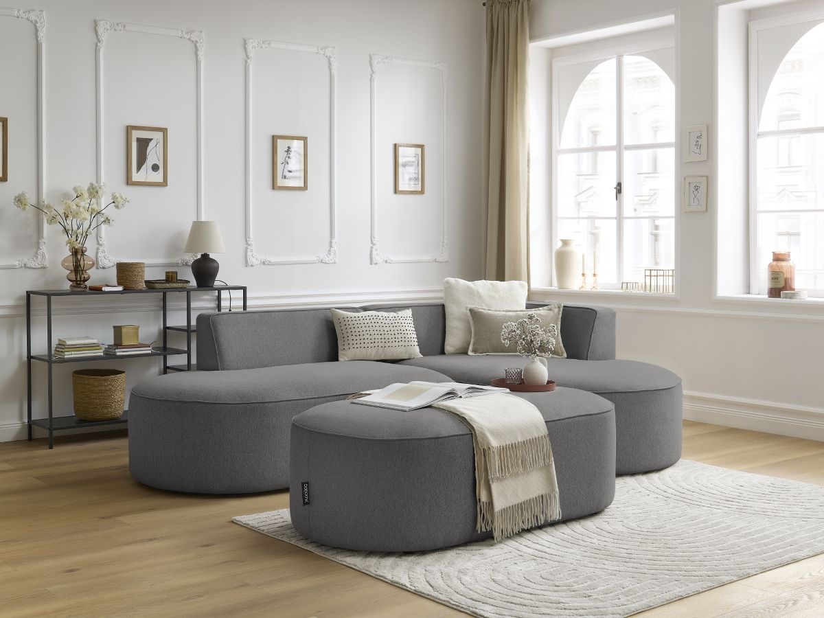Bobochic Rousseau Ecksofa mit Pouf Melange-Stoff Dunkelgrau Ecke rechts