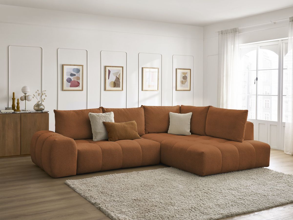 Bobochic Everest Ecksofa mit Schlaffunktion und Bettkasten 320 × 212 cm, 5 Kissen Melange-Stoff Orange Ecke rechts