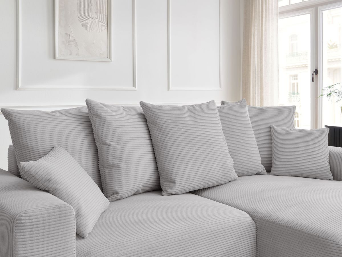 Bobochic Atilla Ecksofa mit Schlaffunktion und Bettkasten und Pouf Cordsamt Hellgrau Ecke rechts