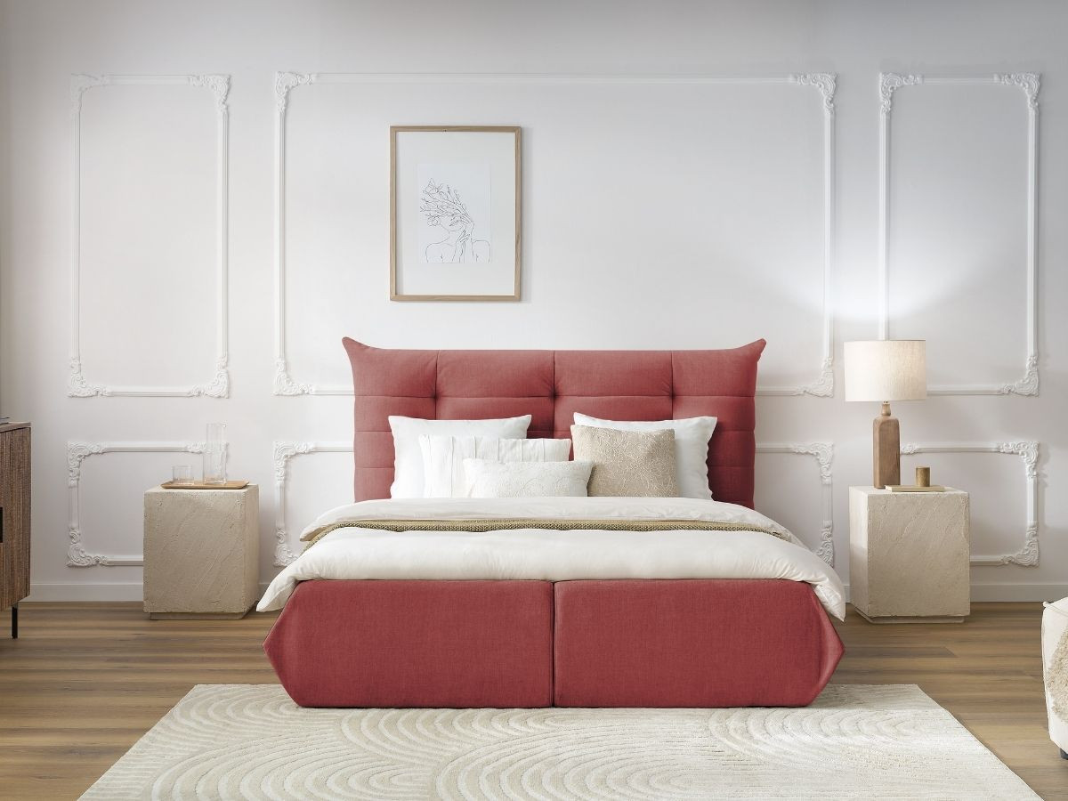 Bobochic Clothilde Polsterbett mit Bettkasten Samt Rot, Liegefläche 160 × 200 cm
