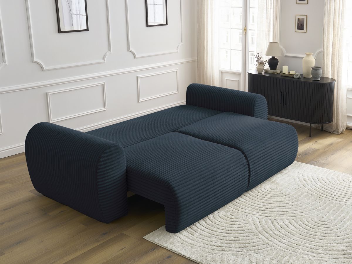 Bobochic Lucien Schlafsofa 3-Sitzer mit Bettkasten Breitcord weich Dunkelblau