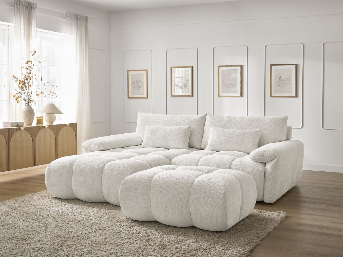 Bobochic Ivane Ecksofa mit Pouf Strukturstoff Weiß Ecke links