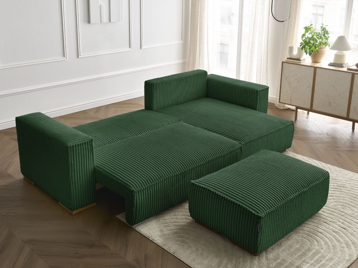 Bobochic Chelsea Ecksofa mit Schlaffunktion und Bettkasten und Pouf Breitcord weich Grün
