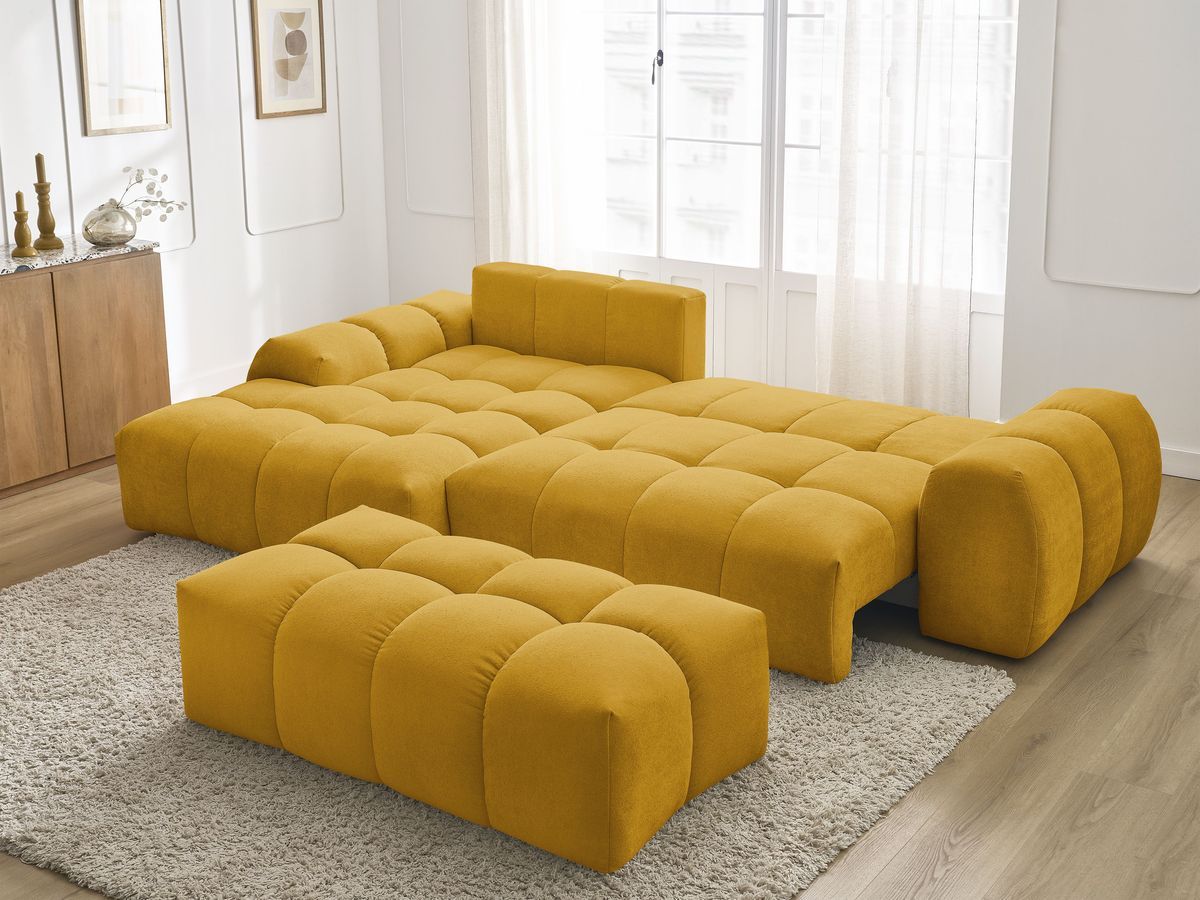 Bobochic Everest Ecksofa mit Schlaffunktion und Bettkasten und Pouf 318 × 180 cm, 3 Kissen Strukturstoff Gelb Ecke links