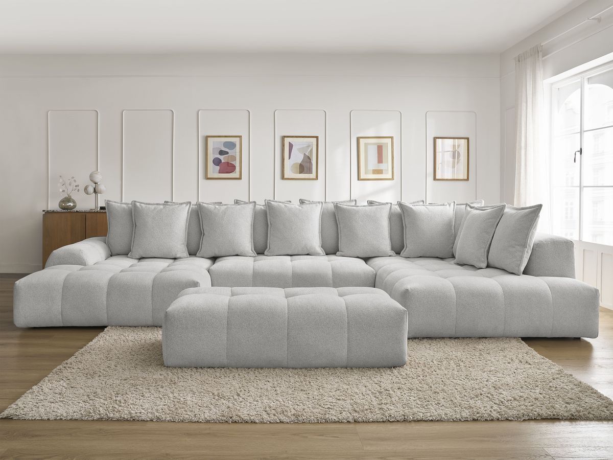 Bobochic Everest Wohnlandschaft mit Pouf, 14 Kissen Melange-Stoff Hellgrau Ecke links
