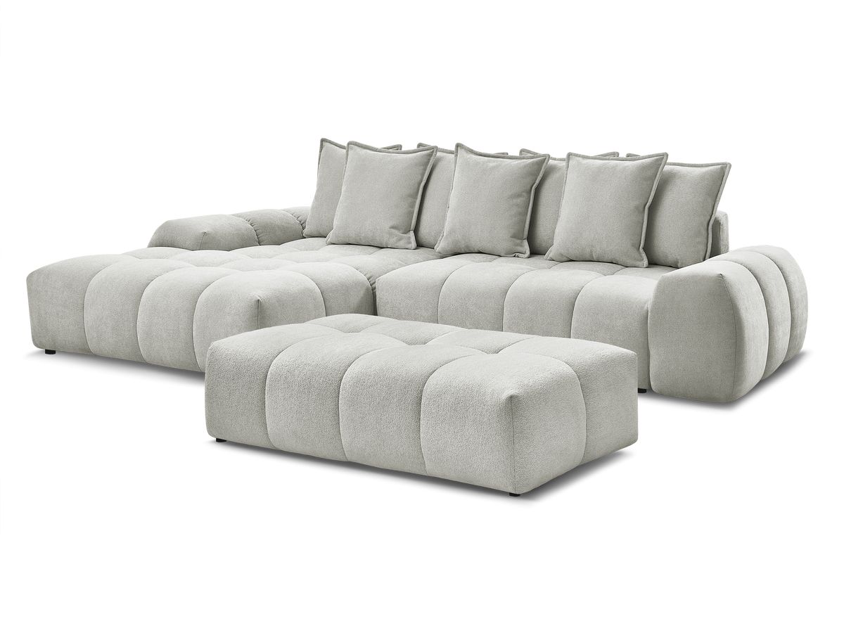 Bobochic Everest Ecksofa mit Schlaffunktion und Bettkasten und Pouf 318 × 180 cm, 7 Kissen Strukturstoff Hellgrau Ecke links